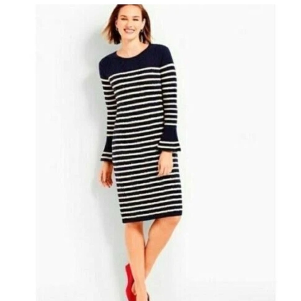 Talbots Navy and White Striped Long Sleeve Cable Knit Sweater Dress - Picture 2 of 8